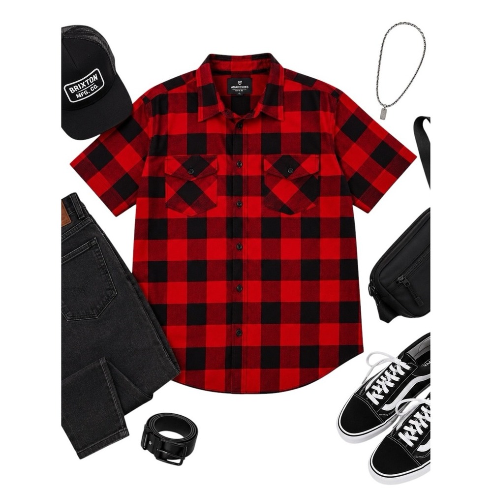 Akademiks Red Black Buffalo Plaid Short Sleeve Button Up Shirt Men's XL Street